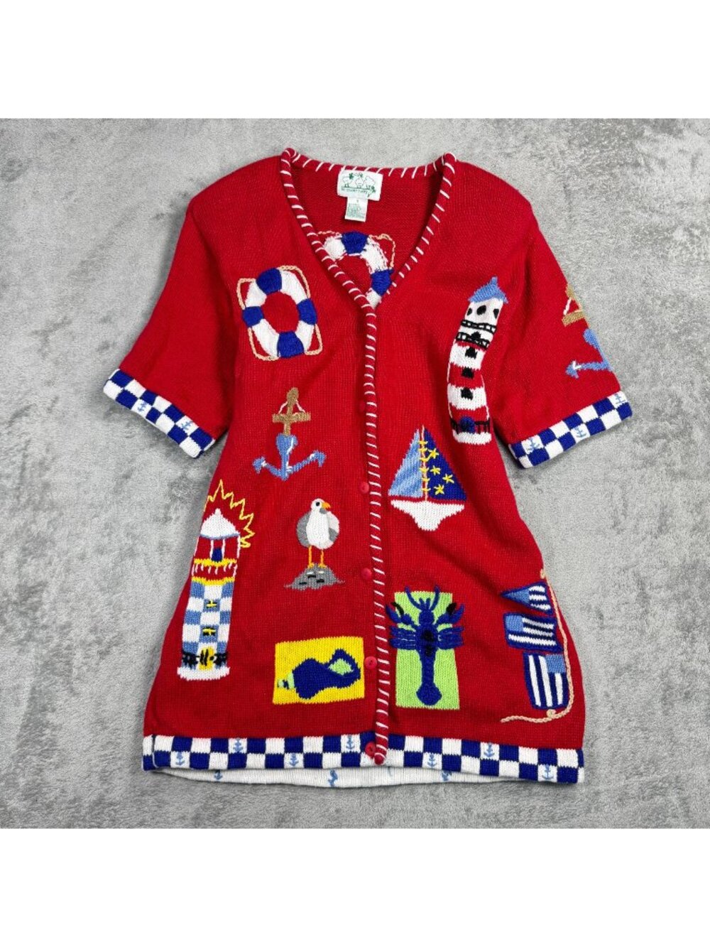Vtg The Quacker Factory Red Nautical Coastal Cardigan Sweater Size S Cottagecore